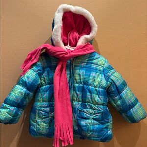 BCX Plaid Blue Puffer Jacket with Pink Scarf Size 2T